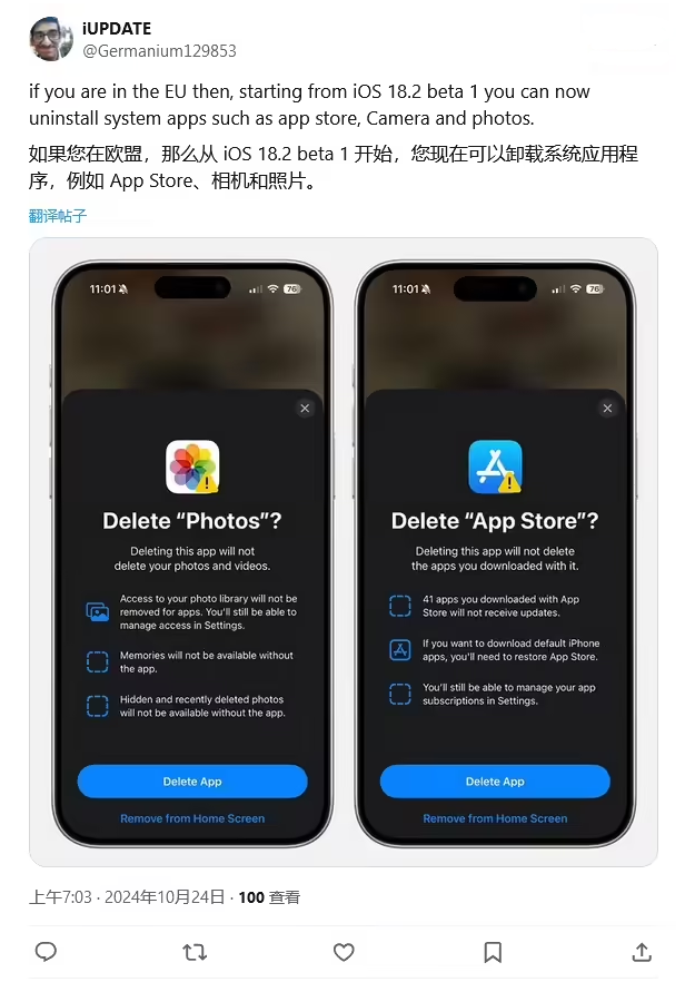 临翔苹果手机维修分享iOS 18.2 支持删除 App Store 应用商店 