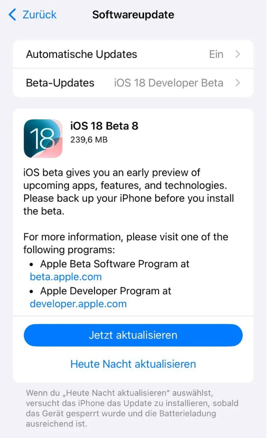 临翔苹果手机维修分享苹果 iOS / iPadOS 18 开发者预览版 Beta 8 发布 